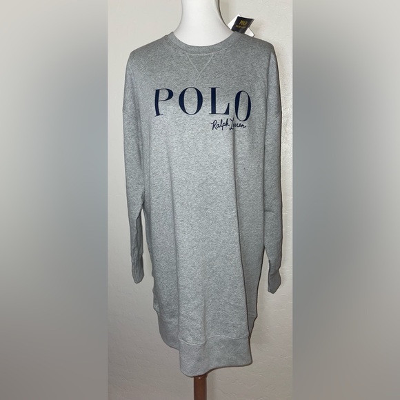 New! Polo Ralph Lauren New Logo Gray/Navy Fleece Sweatshirt Dress Womens Large🤍 - Picture 2 of 10